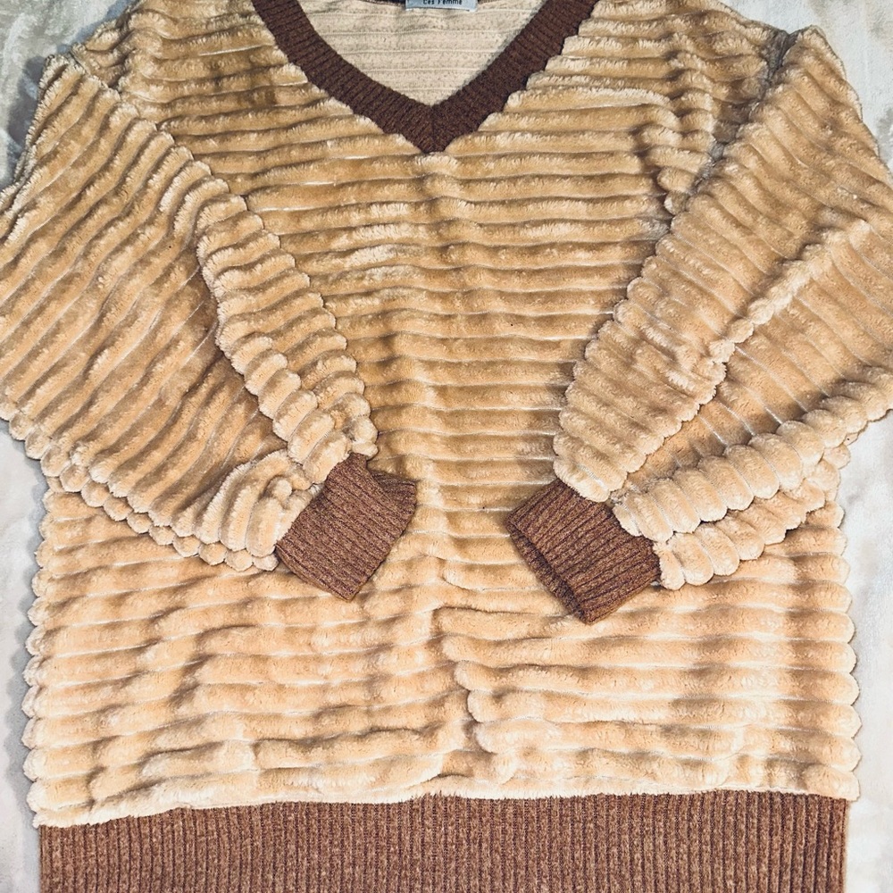 Ces Femme V-Neck Tan and Brown Sweater